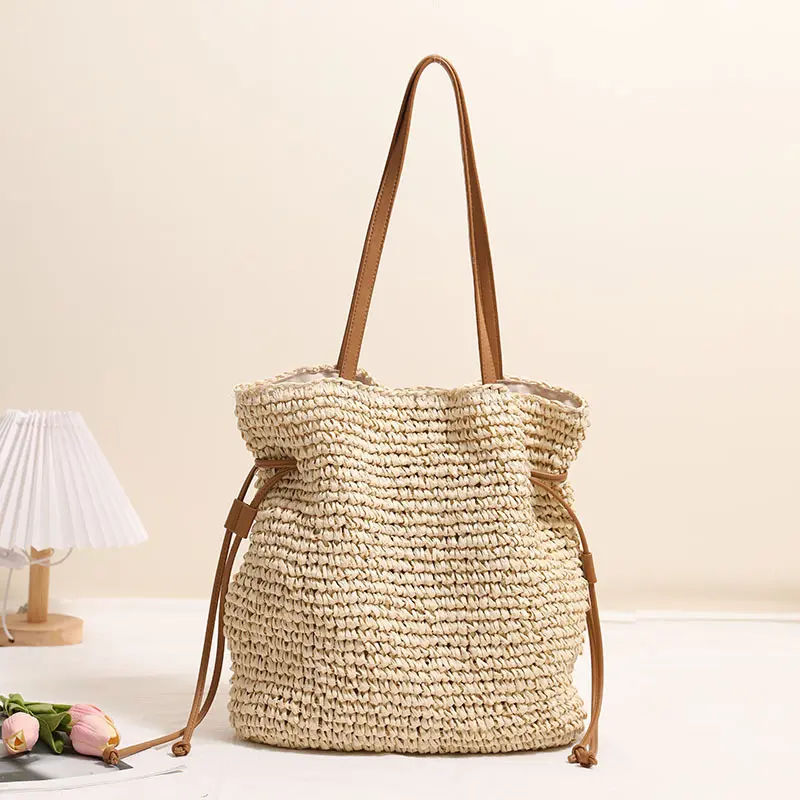 Summer Drawstring Straw Bag Handbag Travel Beach Bags for Women Shoulder Bag Handmade Bali Woven Bucket Bags Shopper Clutch NEW