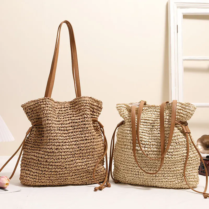 Summer Drawstring Straw Bag Handbag Travel Beach Bags for Women Shoulder Bag Handmade Bali Woven Bucket Bags Shopper Clutch NEW