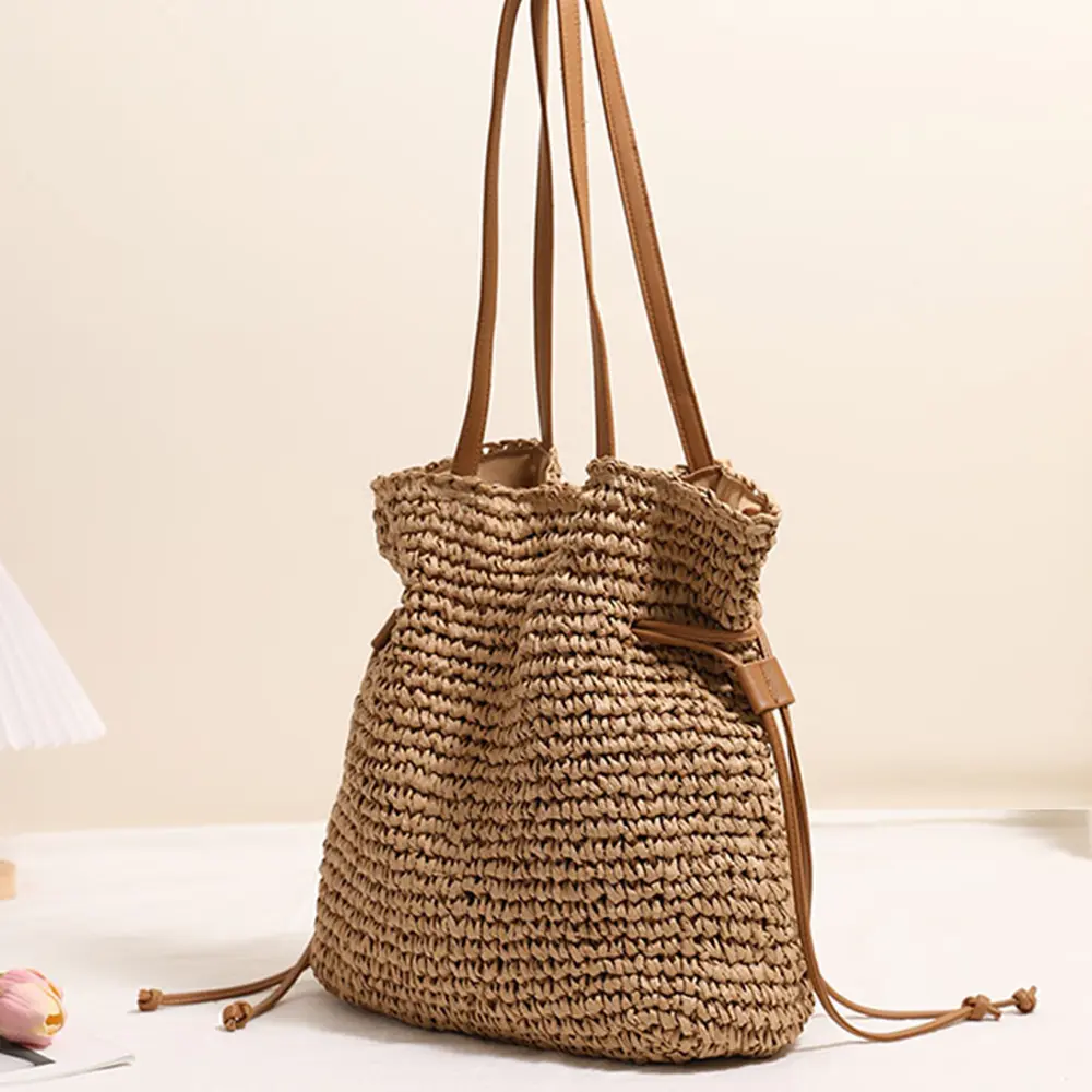 Summer Drawstring Straw Bag Handbag Travel Beach Bags for Women Shoulder Bag Handmade Bali Woven Bucket Bags Shopper Clutch NEW
