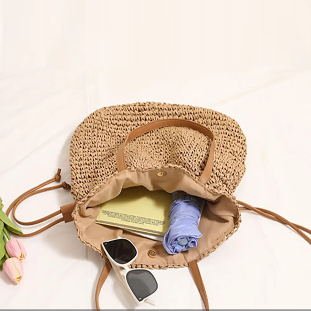 Summer Drawstring Straw Bag Handbag Travel Beach Bags for Women Shoulder Bag Handmade Bali Woven Bucket Bags Shopper Clutch NEW
