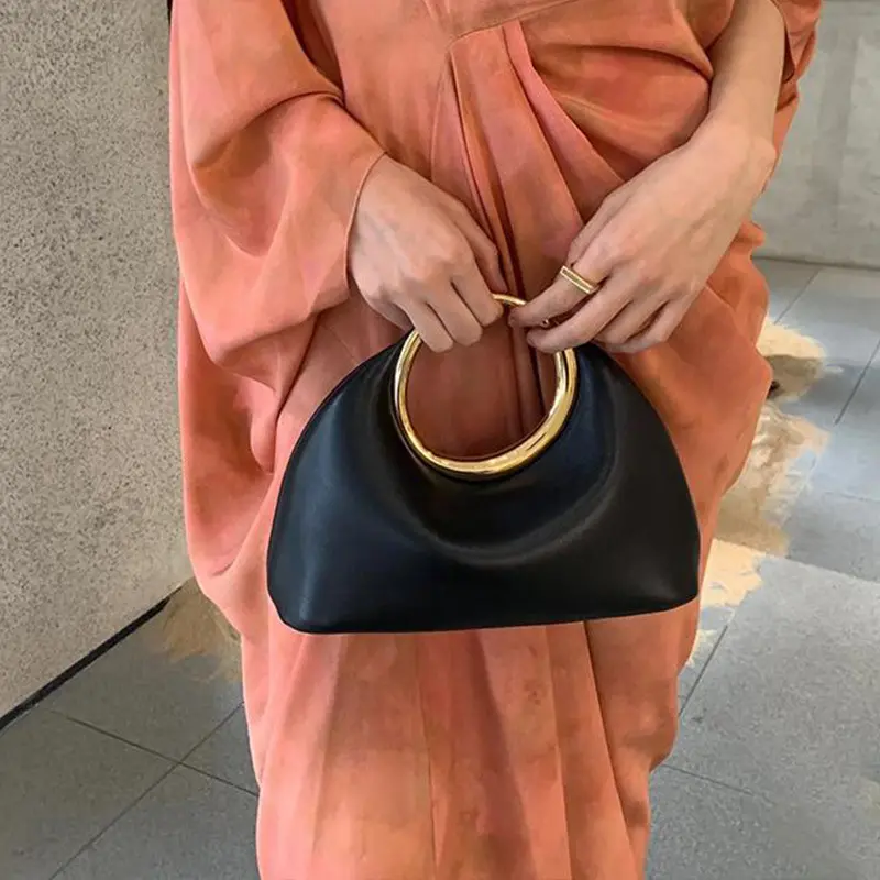 Metallic Round Handle Handbag Luxury Designer Evening Bags for Women Soft PU Leather Shoulder Bag 2025 Half Moon Cloud Clutch