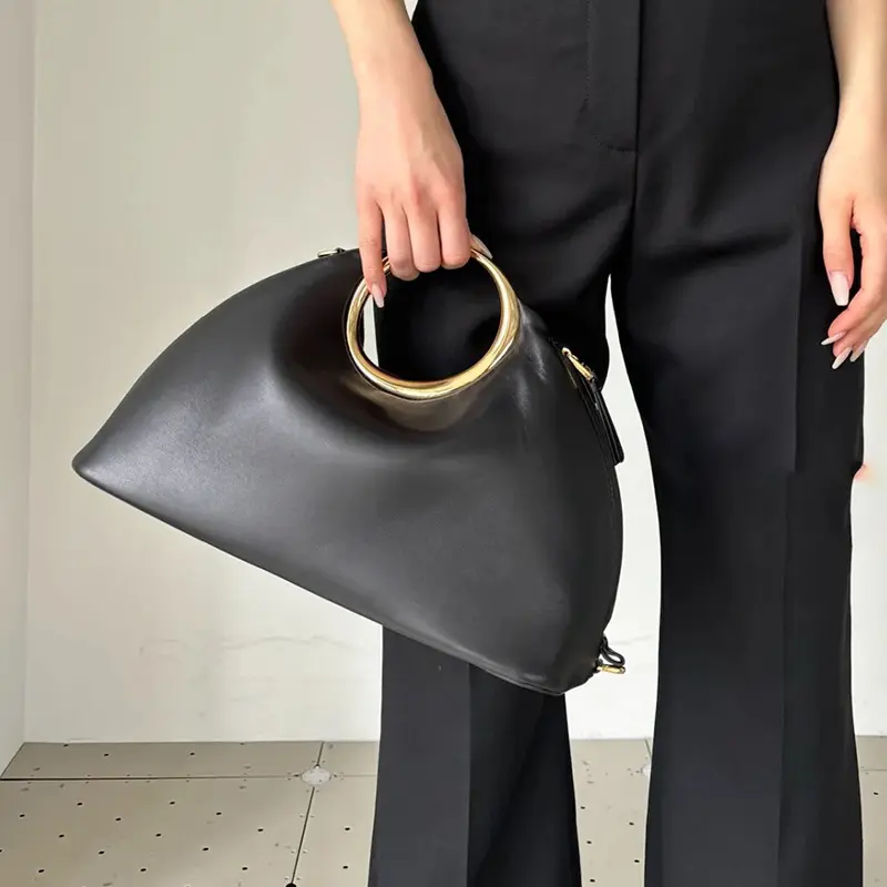 Metallic Round Handle Handbag Luxury Designer Evening Bags for Women Soft PU Leather Shoulder Bag 2025 Half Moon Cloud Clutch