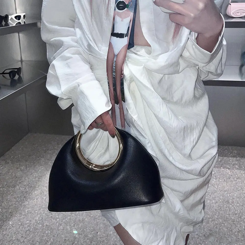 Metallic Round Handle Handbag Luxury Designer Evening Bags for Women Soft PU Leather Shoulder Bag 2025 Half Moon Cloud Clutch