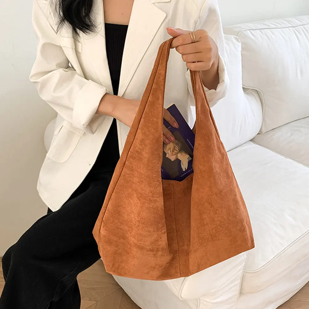 Vintage Half Moon Tote Bag Large Capacity Faux Suede Shoulder Bags for Women Designer Handbags Autumn Frosted Shopper Purses NEW