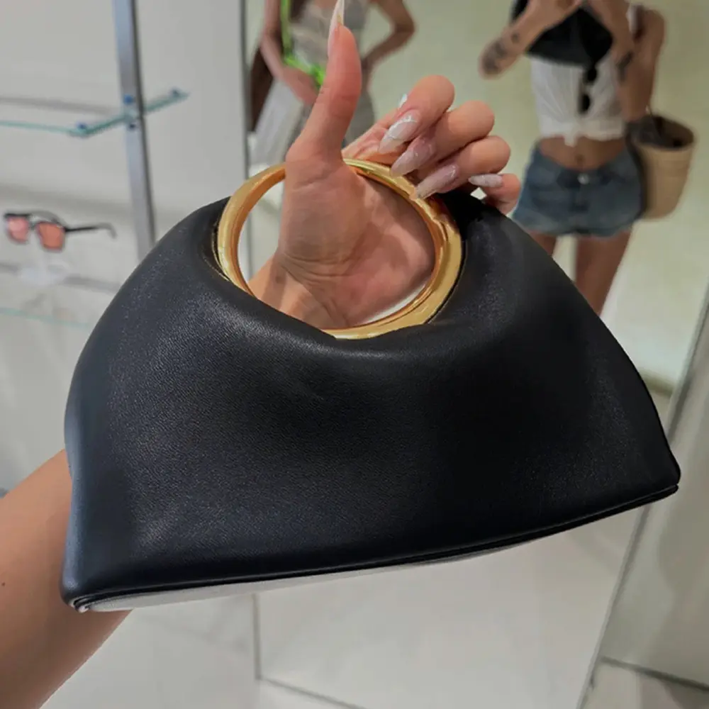 Metallic Round Handle Handbag Luxury Designer Evening Bags for Women Soft PU Leather Shoulder Bag 2025 Half Moon Cloud Clutch