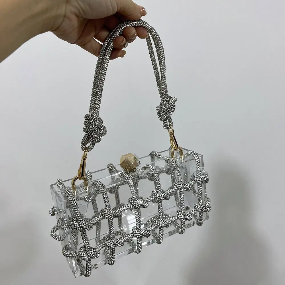 Luxury Woven Diamonds Box Bag Clear Acrylic Handbags Designer Evening Bags for Women Shoulder Bag Brands Party Wedding Purses