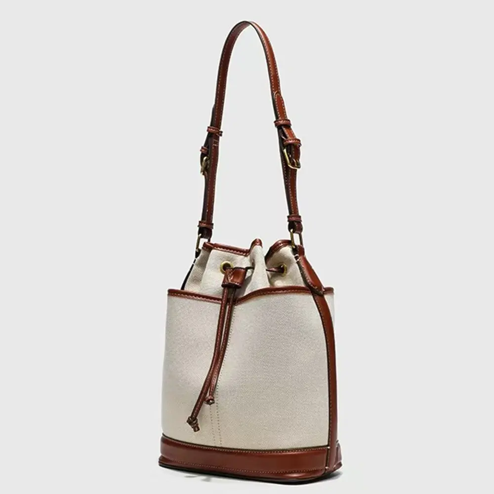 Fashion Canvas Bucket Bag Luxury Designer Drawstring Women Handbags PU Patchwork Shoulder Crossbody Bags for Women New Purses