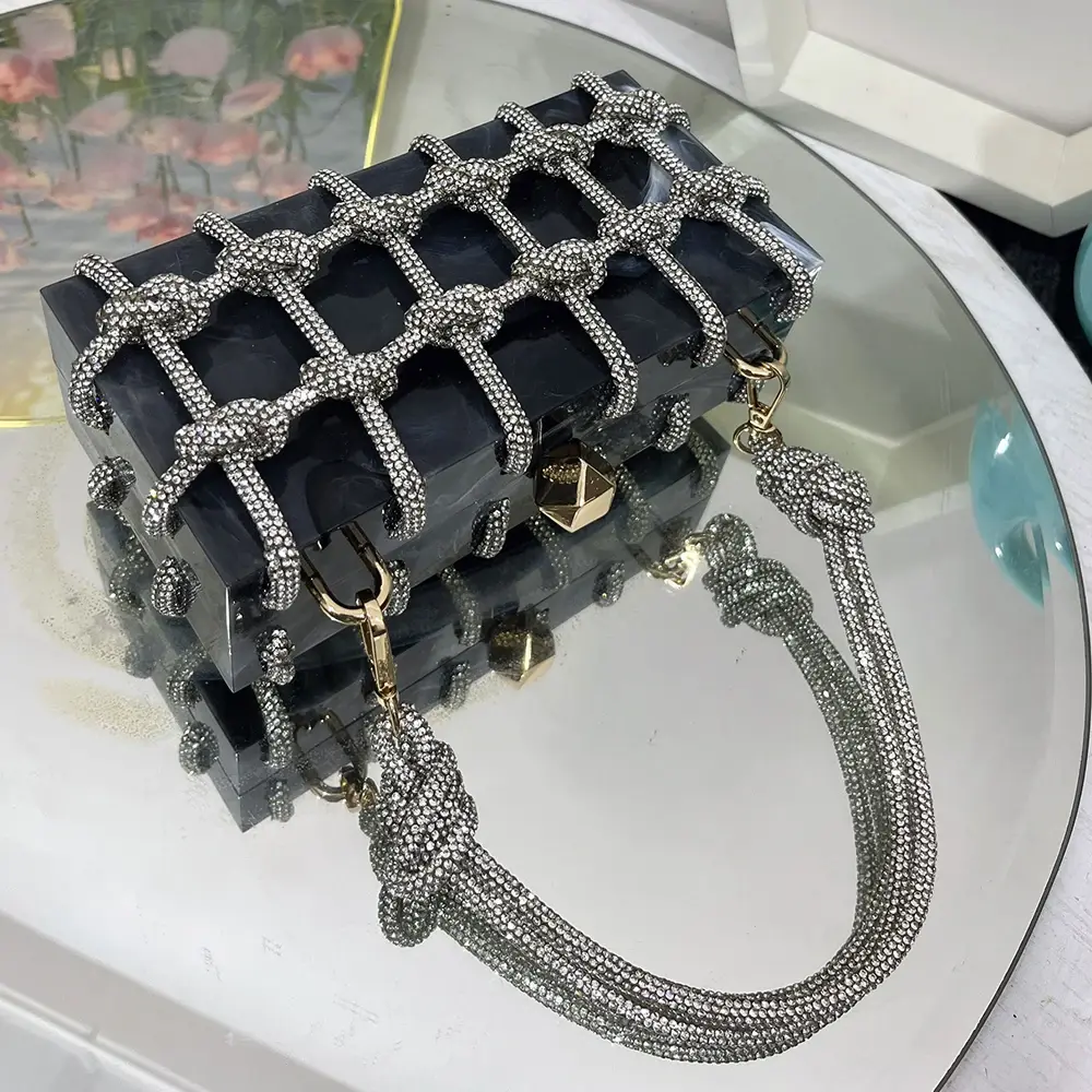 Luxury Woven Diamonds Box Bag Clear Acrylic Handbags Designer Evening Bags for Women Shoulder Bag Brands Party Wedding Purses