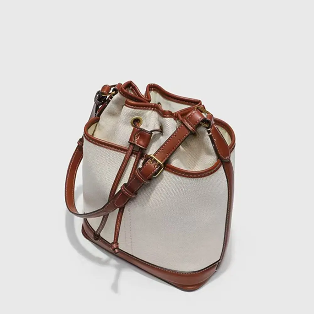 Fashion Canvas Bucket Bag Luxury Designer Drawstring Women Handbags PU Patchwork Shoulder Crossbody Bags for Women New Purses