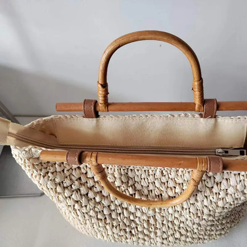 Wooden Handle Straw Bag Handmade Paper Rope Woven Handbags Bohemian Bali Travel Beach Bags for Women 2024 Hollow Shopper Tote