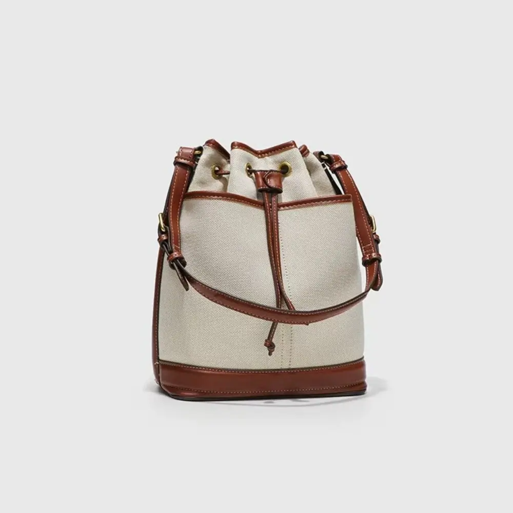 Fashion Canvas Bucket Bag Luxury Designer Drawstring Women Handbags PU Patchwork Shoulder Crossbody Bags for Women New Purses