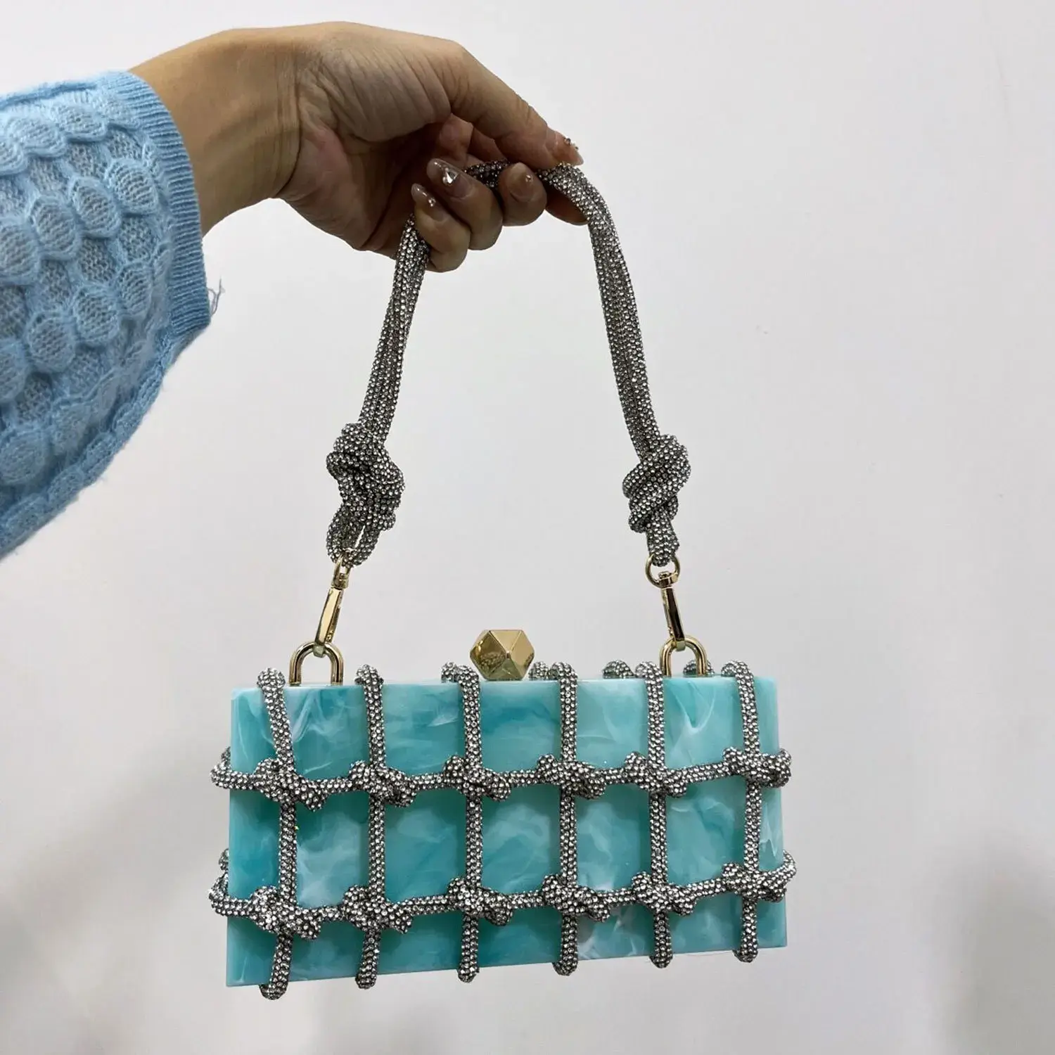 Luxury Woven Diamonds Box Bag Clear Acrylic Handbags Designer Evening Bags for Women Shoulder Bag Brands Party Wedding Purses