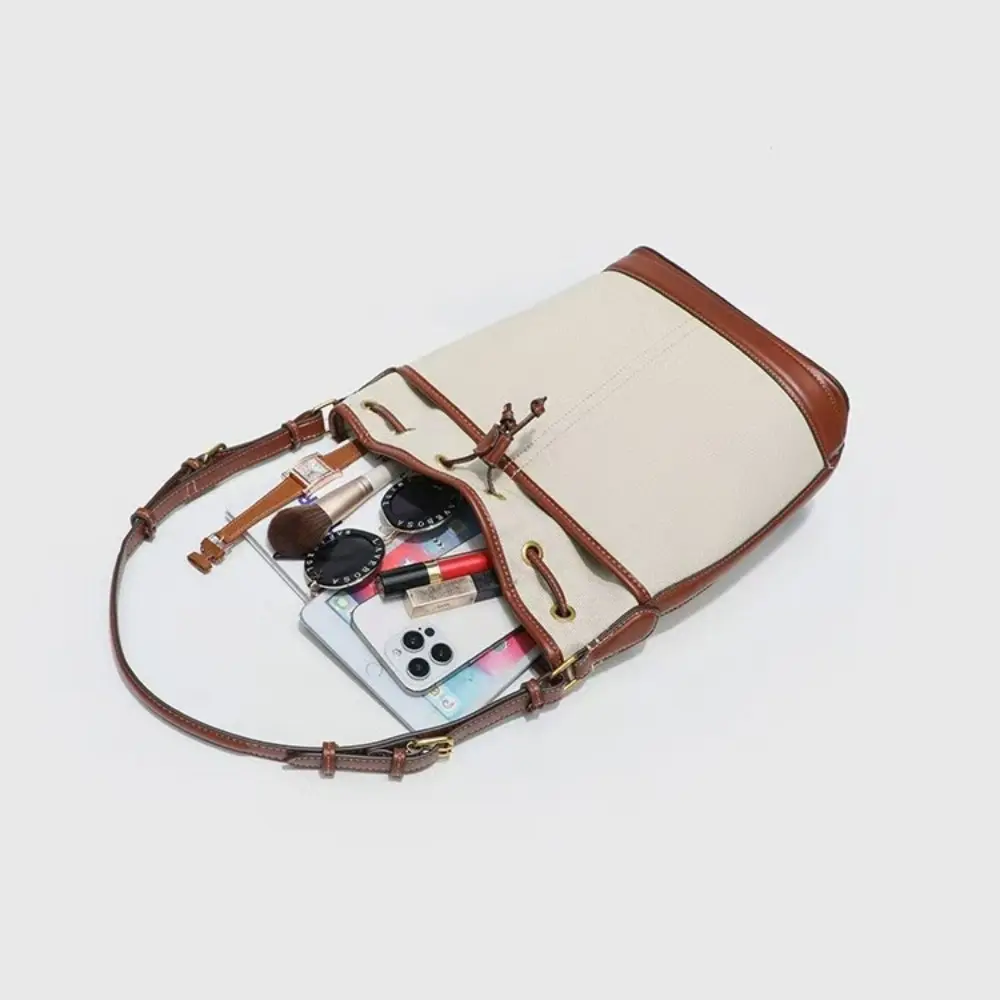 Fashion Canvas Bucket Bag Luxury Designer Drawstring Women Handbags PU Patchwork Shoulder Crossbody Bags for Women New Purses