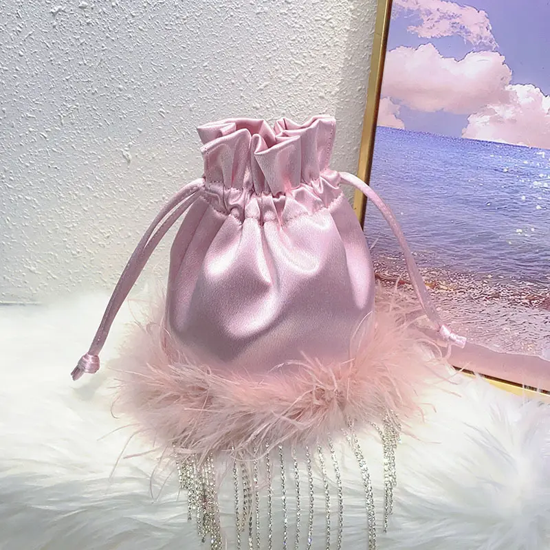 Candy Color Feather Drawstring Bags for Women Rhinestone Tassel Crossbody Bag Satin Fur Shoulder Bag Silk Evening Bags Handbags