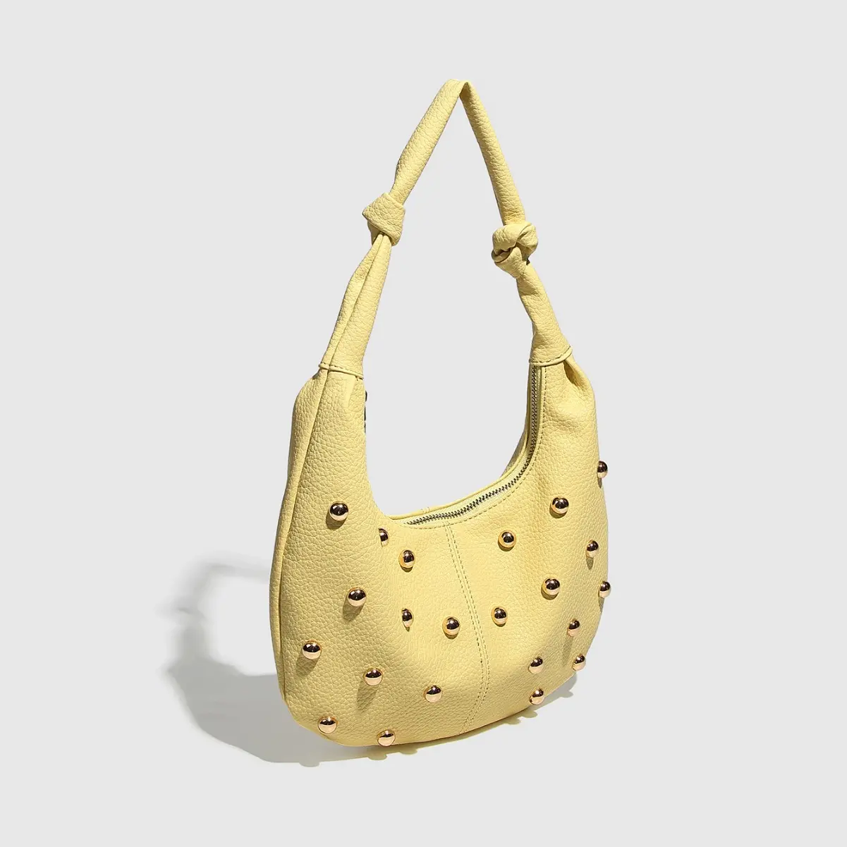 Metallic Rivet Women Shoulder Bag Half Moon Yellow Bags for Women Handbag Soft PU Leather Cloud Bag Croissant Shopper Purses NEW