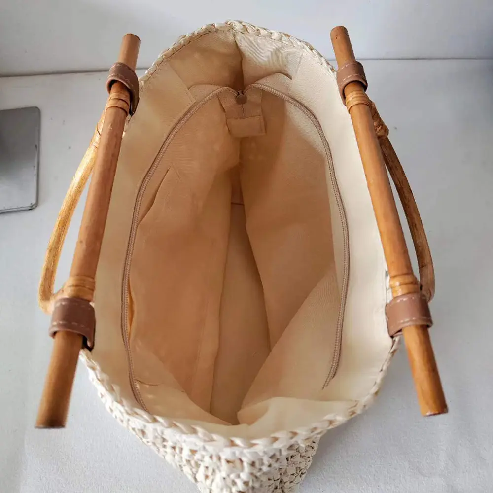 Wooden Handle Straw Bag Handmade Paper Rope Woven Handbags Bohemian Bali Travel Beach Bags for Women 2024 Hollow Shopper Tote