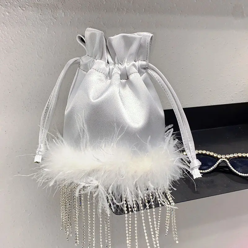 Candy Color Feather Drawstring Bags for Women Rhinestone Tassel Crossbody Bag Satin Fur Shoulder Bag Silk Evening Bags Handbags