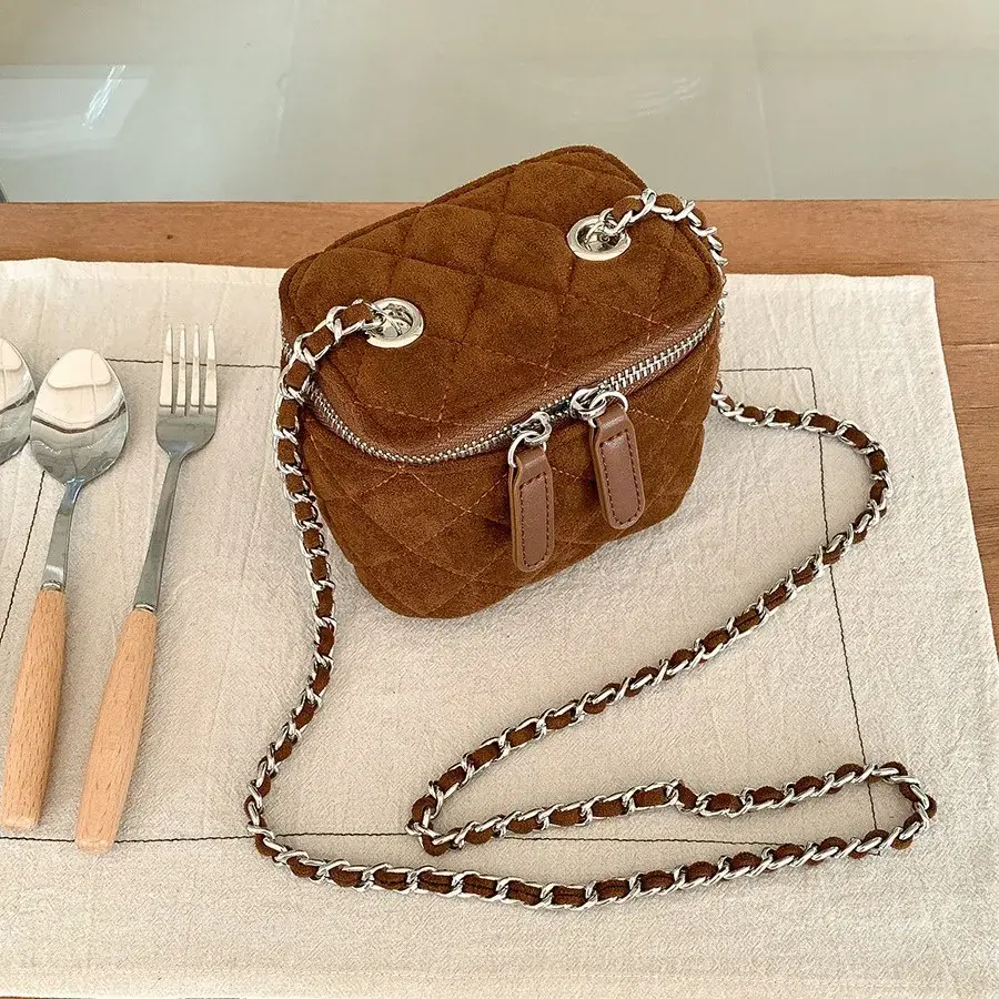 Mini Suede Women Shoulder Bag Luxury Handbag 2025 New Lingge Box Bags for Women Chains Sling Crossbody Bag Coins Lipstick Purse