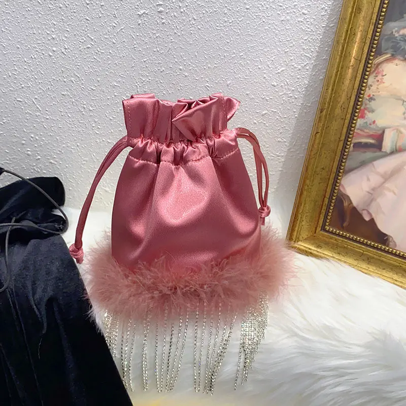 Candy Color Feather Drawstring Bags for Women Rhinestone Tassel Crossbody Bag Satin Fur Shoulder Bag Silk Evening Bags Handbags