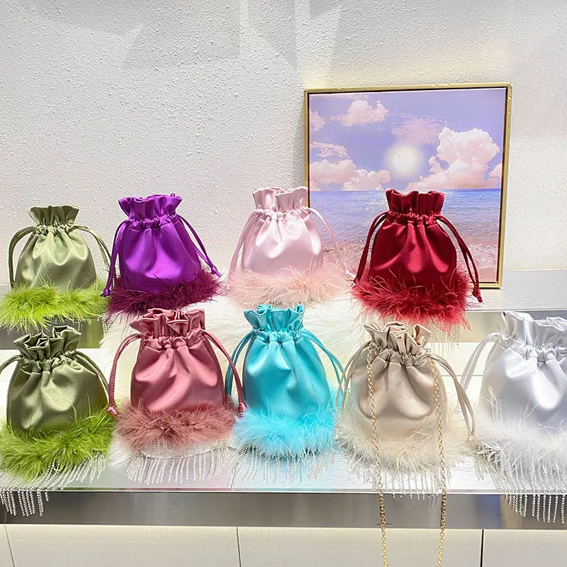 Candy Color Feather Drawstring Bags for Women Rhinestone Tassel Crossbody Bag Satin Fur Shoulder Bag Silk Evening Bags Handbags