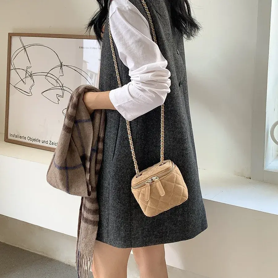 Mini Suede Women Shoulder Bag Luxury Handbag 2025 New Lingge Box Bags for Women Chains Sling Crossbody Bag Coins Lipstick Purse