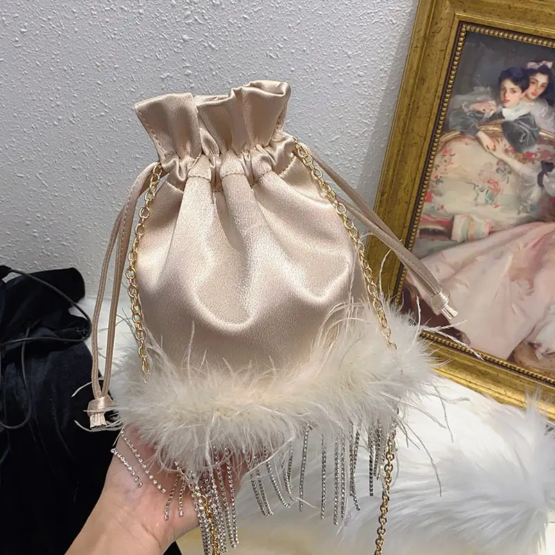 Candy Color Feather Drawstring Bags for Women Rhinestone Tassel Crossbody Bag Satin Fur Shoulder Bag Silk Evening Bags Handbags
