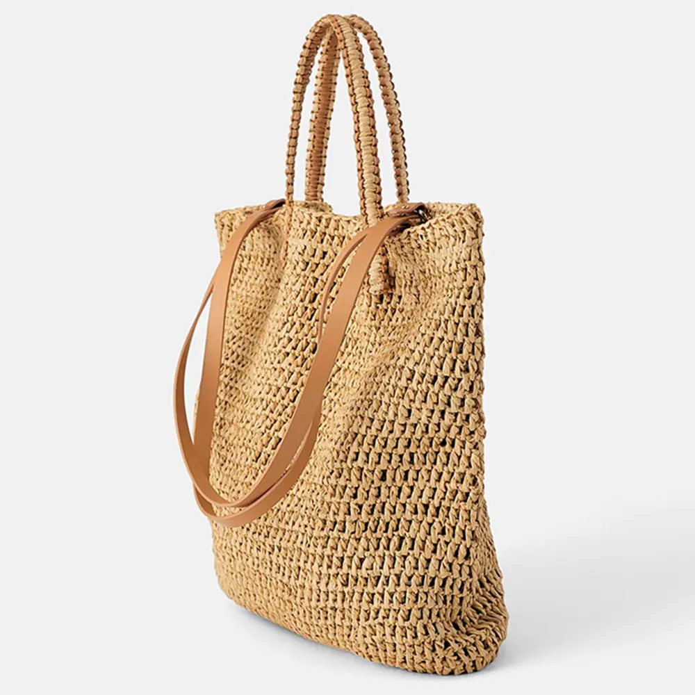 Large Paper Rope Straw Bag Handmade Crochet Handbags Bohemian Woven Travel Beach Bags for Women Shoulder Bag Hollow Shopper Tote