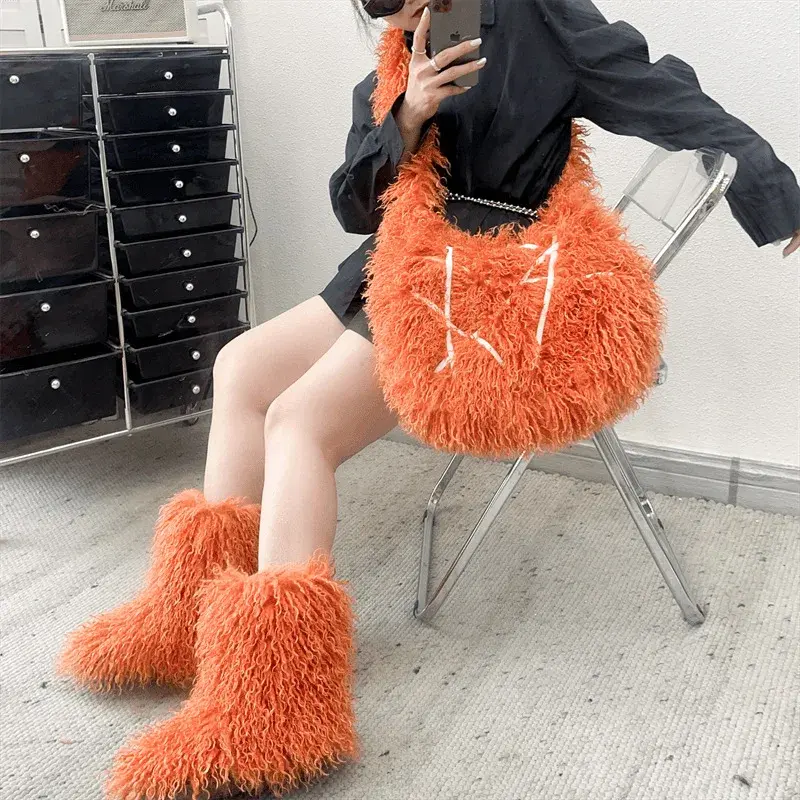 Millennium Y2K Faux Fur Crossbody Bags Designer Fluffy Plush Women Bag Spice Girl Style Shoulder Bag Sweet Girls Soft Tote Chic