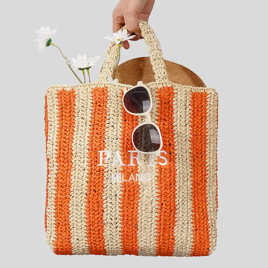 Woven Designer Bags for Women Handbags Summer Striped Straw Bag Candy Color Travel Beach Bag 2024 Handmade Paper Rope Tote Bag