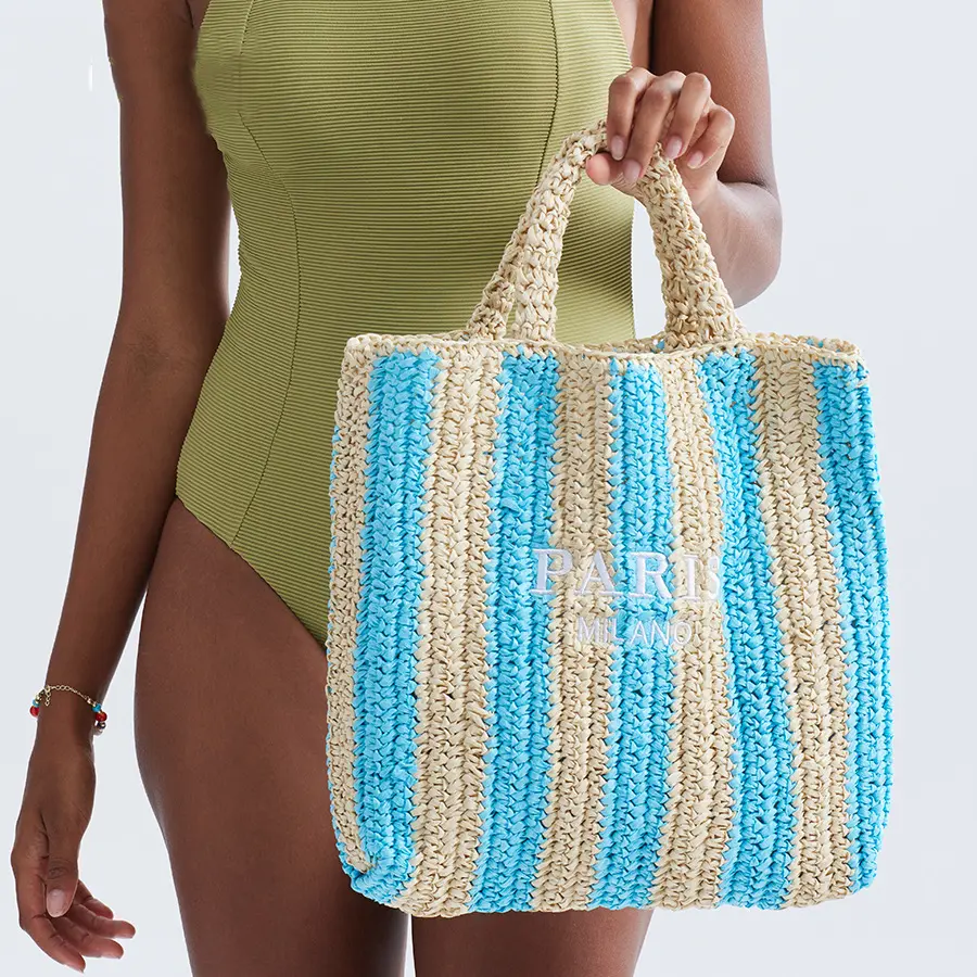 Woven Designer Bags for Women Handbags Summer Striped Straw Bag Candy Color Travel Beach Bag 2024 Handmade Paper Rope Tote Bag