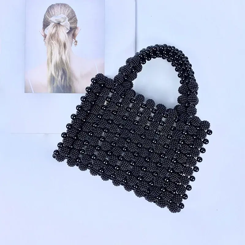 Luxury Black Pearls Bags for Women Handbag Beaded Party Evening Bag Handmade Hollow Woven Bag Wedded Clutch New Shoulder Bags