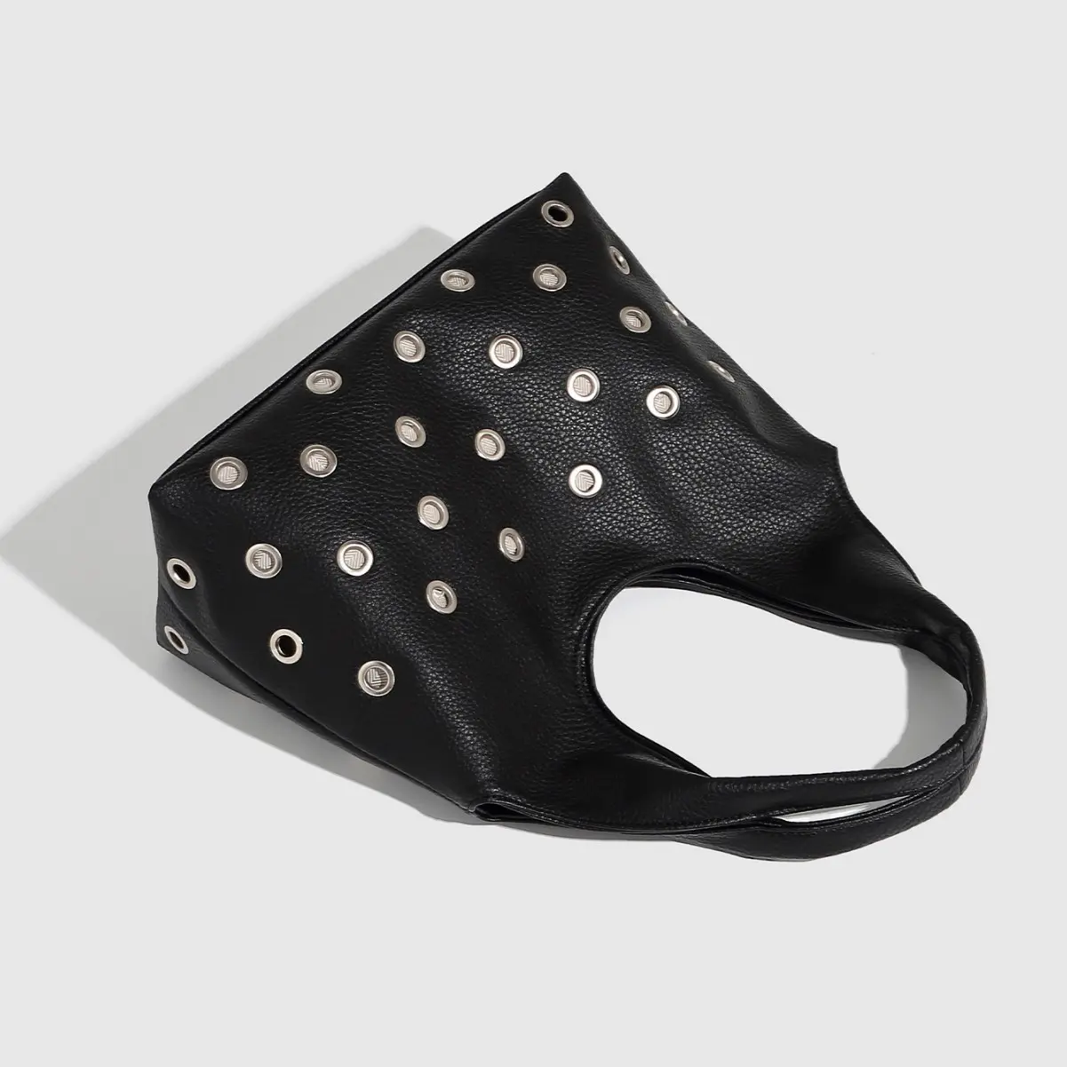 Punk Rivet Women Shoulder Bag Soft PU Leather Tote Bags for Women Handbag Half Moon Hollow Studded Shopper Tote Bucket Bags NEW