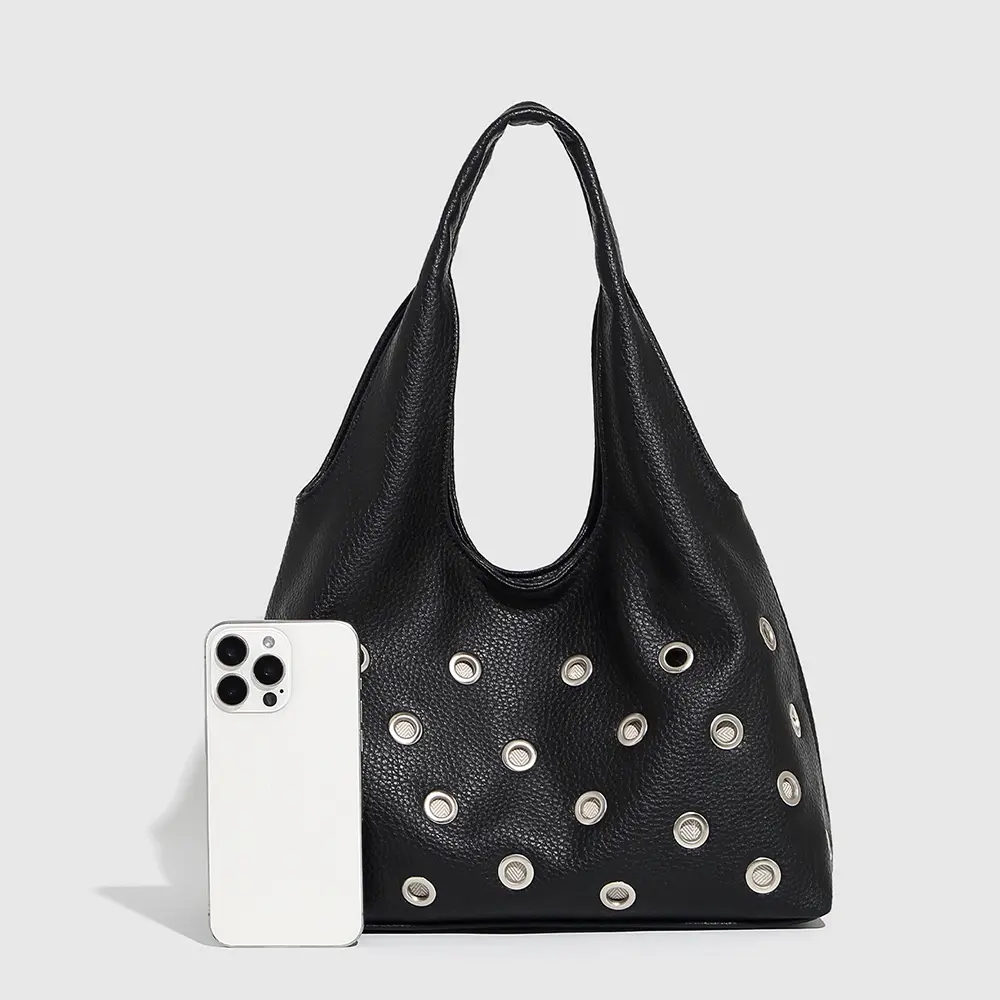 Punk Rivet Women Shoulder Bag Soft PU Leather Tote Bags for Women Handbag Half Moon Hollow Studded Shopper Tote Bucket Bags NEW