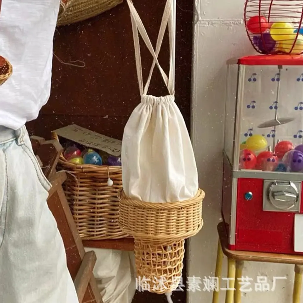 Cute Ice Cream Rattan Bag Handbags Bohemian Wicker Woven Straw Bag Hollow Funny Purses for Women 2025 Shoulder Bags Beach Bags