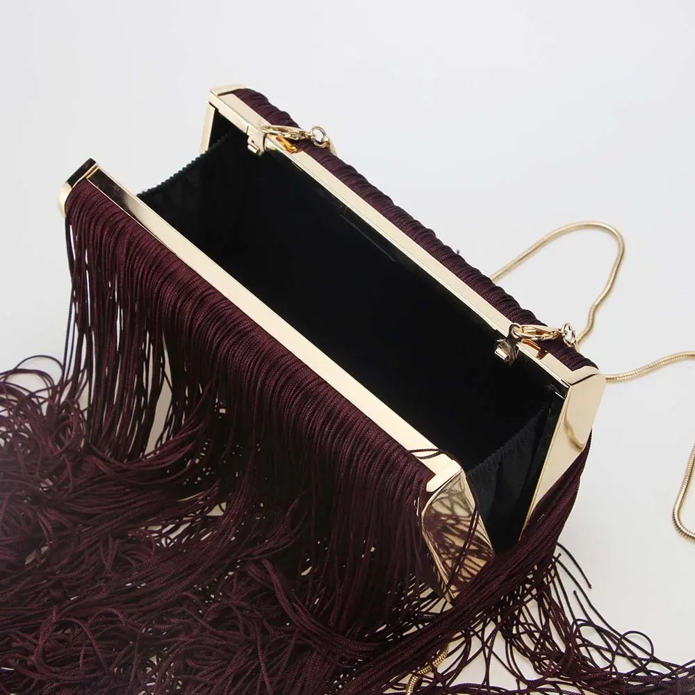 Luxury Long Tassel Evening Bags for Women Handbag Clutch PU Leather Frame Shoulder Bag Chains Crossbody Bags Wedding Purse Lady