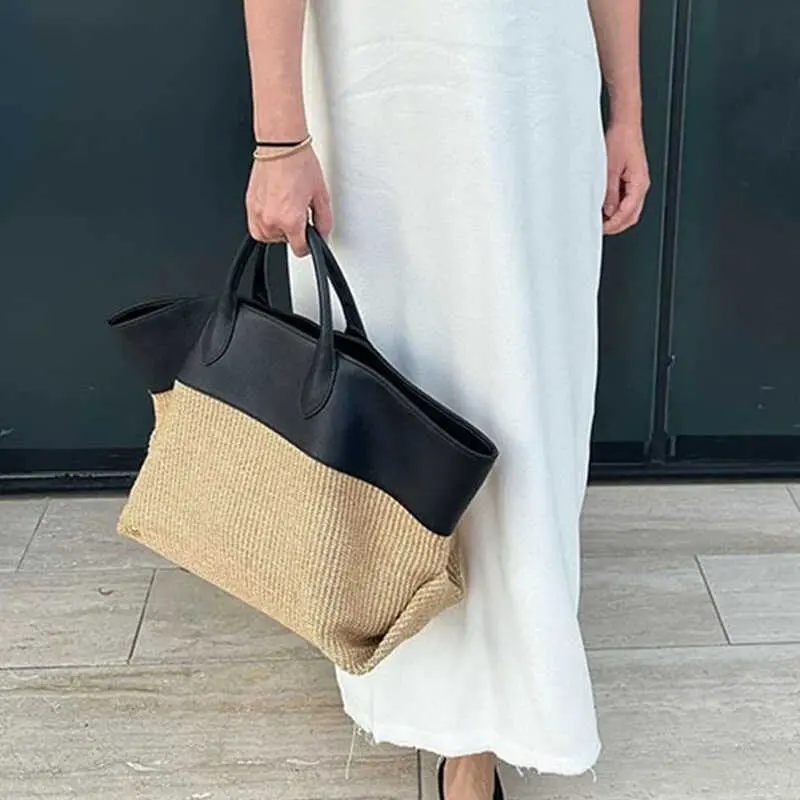 Bohemian Patchwork Straw Bag Large Capacity Travel Beach Bags for Women Top Handle Handbags Woven Shoulder Bag Shopper Tote New