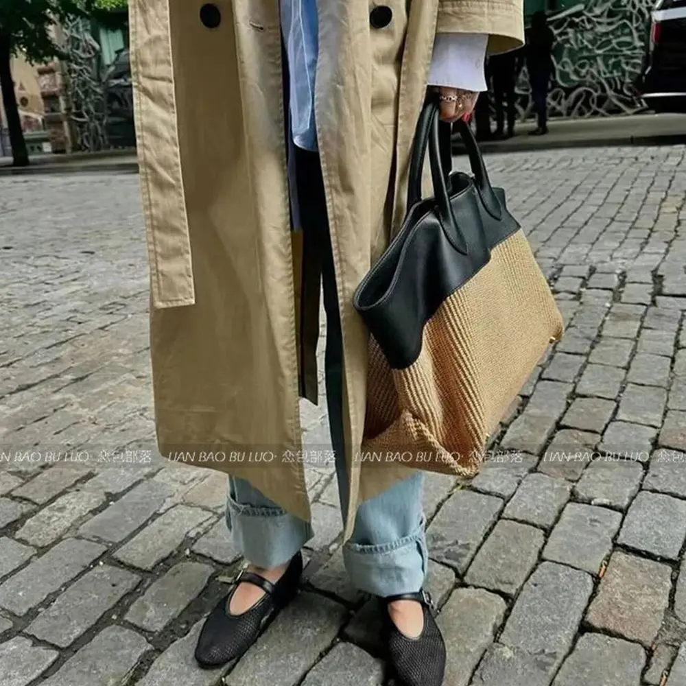 Bohemian Patchwork Straw Bag Large Capacity Travel Beach Bags for Women Top Handle Handbags Woven Shoulder Bag Shopper Tote New