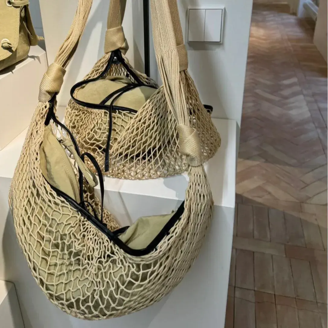 Fashion Designer Mesh String Bag Hollow Fishing Net Shoulder Crossbody Bag Half Moon Hobos Tote Bags for Women Croissant Shopper