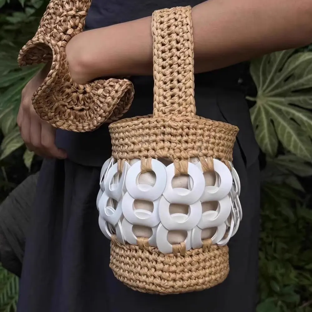 Luxury Patchwork Straw Bag Bohemian Woven Bucket Bags for Women Handbags Handmade Crochet Beach Bag Small Basket Shoulder Bags