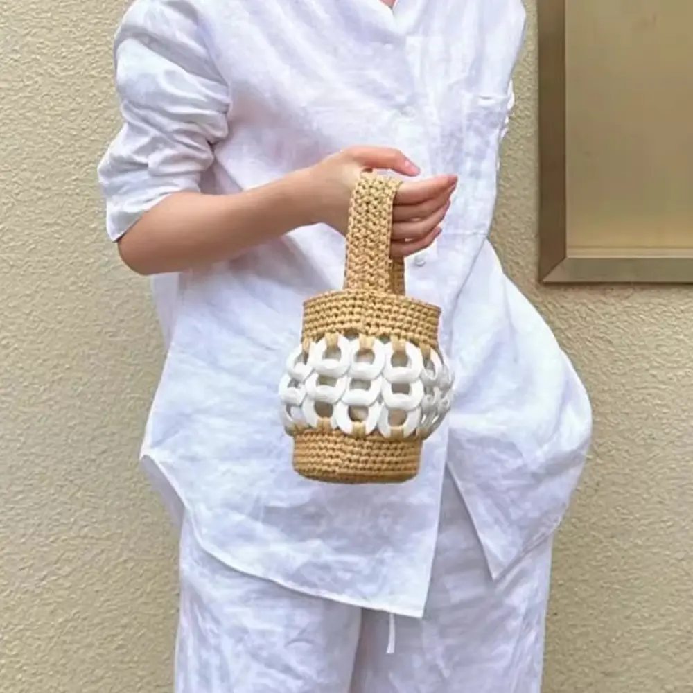 Luxury Patchwork Straw Bag Bohemian Woven Bucket Bags for Women Handbags Handmade Crochet Beach Bag Small Basket Shoulder Bags
