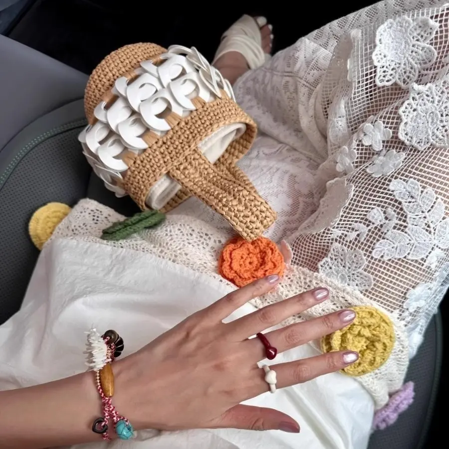 Luxury Patchwork Straw Bag Bohemian Woven Bucket Bags for Women Handbags Handmade Crochet Beach Bag Small Basket Shoulder Bags