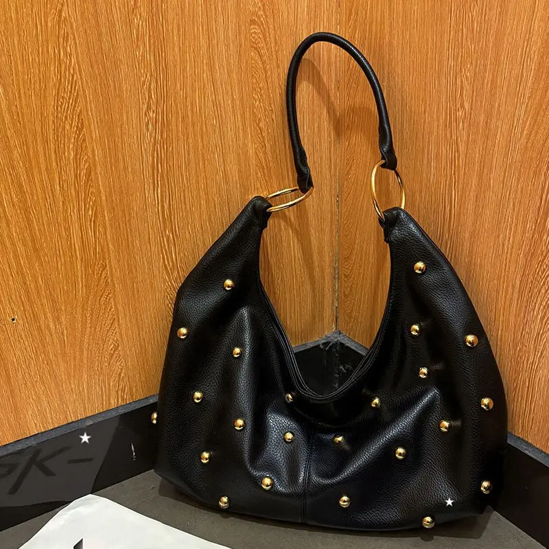 Large Capacity Rivet Tote Shoulder Bag Soft PU Leather Handbags and Purses Luxury Studded Shopper Designer Women's Bags NEW