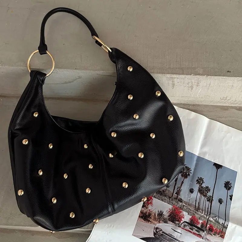Large Capacity Rivet Tote Shoulder Bag Soft PU Leather Handbags and Purses Luxury Studded Shopper Designer Women's Bags NEW