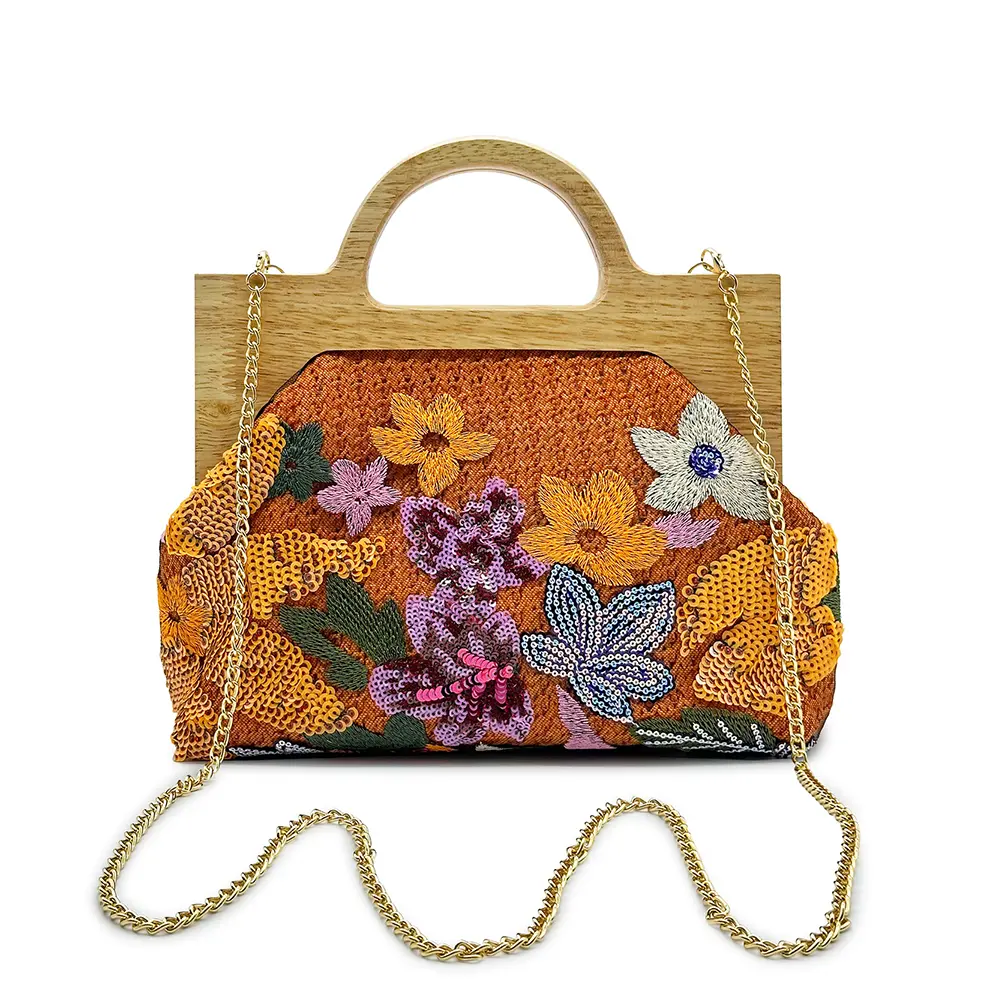 Fashion Appliques Wooden Clip Bags for Women Handbags Flower Embroidery Straw Bag Sequined Woven Beach Bag Luxury Shoulder Bags