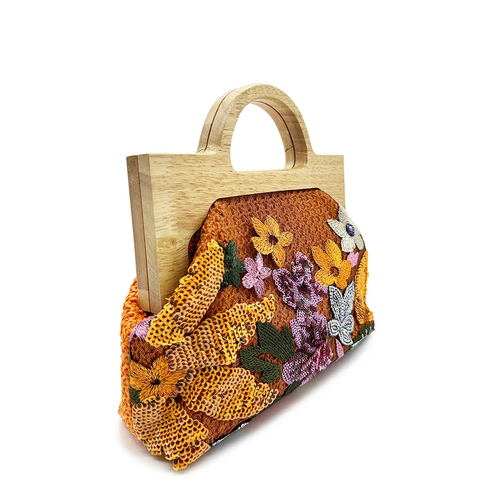 Fashion Appliques Wooden Clip Bags for Women Handbags Flower Embroidery Straw Bag Sequined Woven Beach Bag Luxury Shoulder Bags