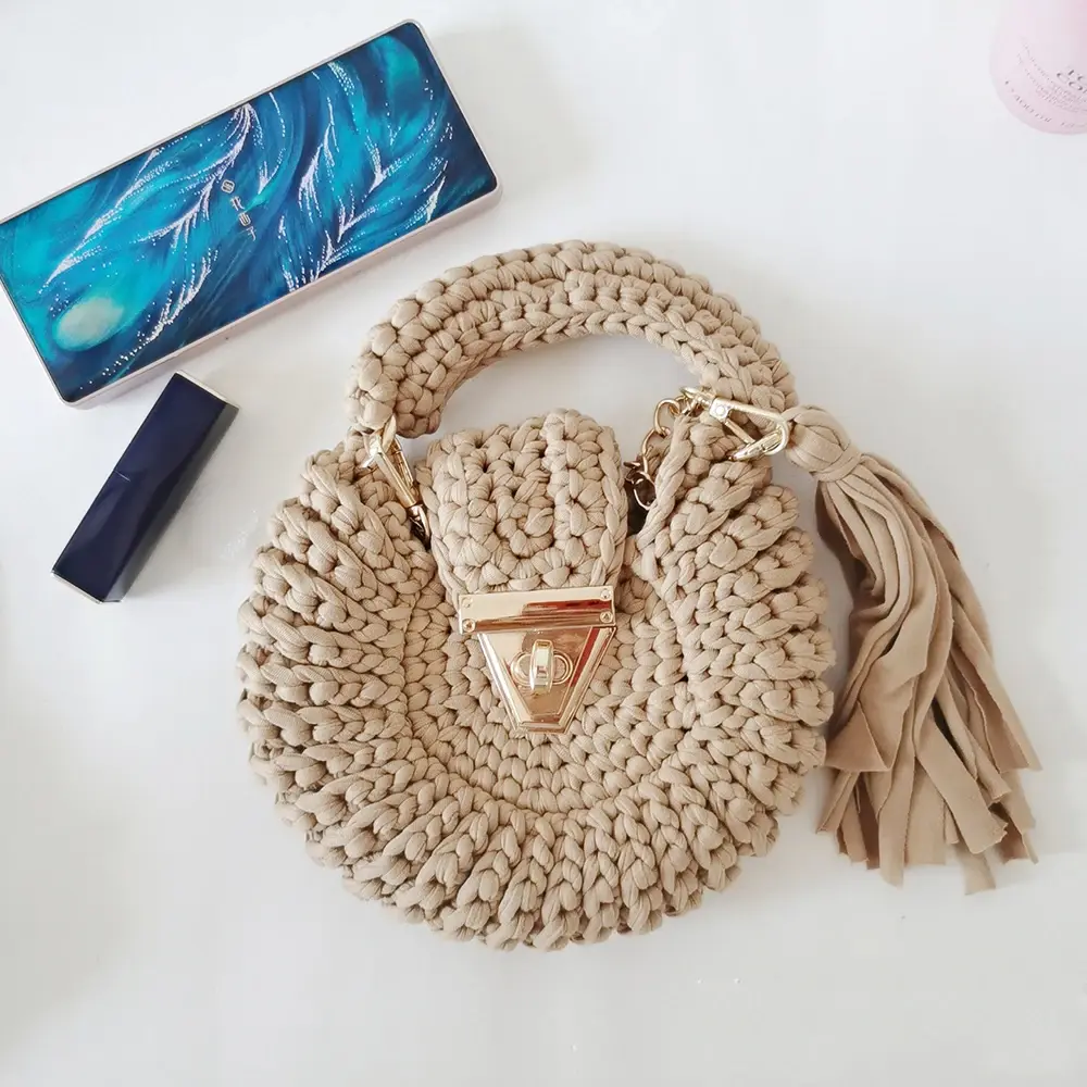 Mini Rope Knitted Women's Bags Handmade Tassel Woven Bags for Women Handbags Yarn Crochet Tote Bag Designer Round Shoulder Bag