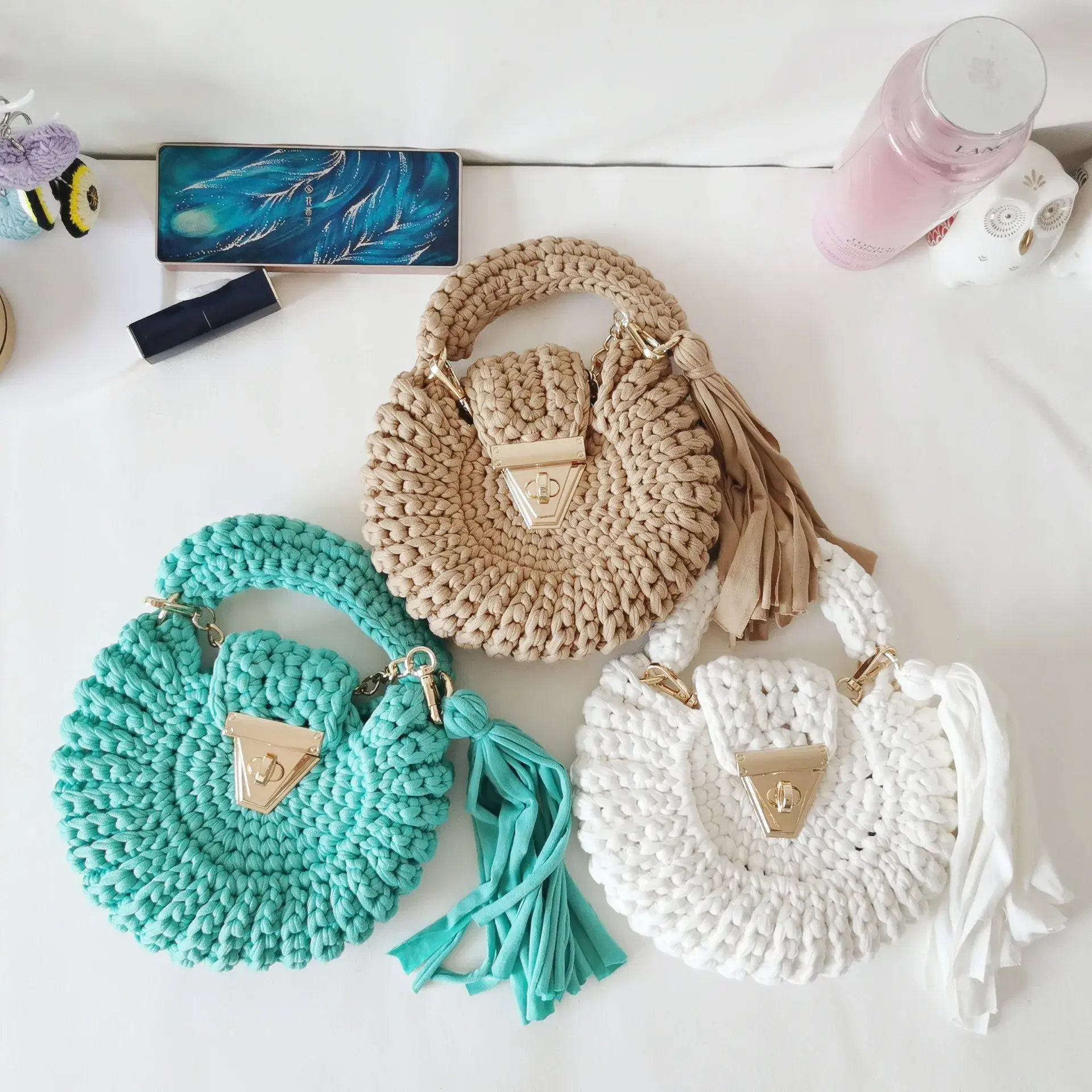 Mini Rope Knitted Women's Bags Handmade Tassel Woven Bags for Women Handbags Yarn Crochet Tote Bag Designer Round Shoulder Bag