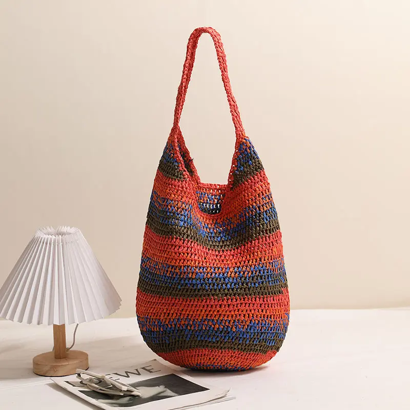 Summer Colorful Striped Hobo Tote Bag Soft Crochet Beach Shoulder Bag Travel Knitting Woven Straw Bags for Women Bucket Handbags