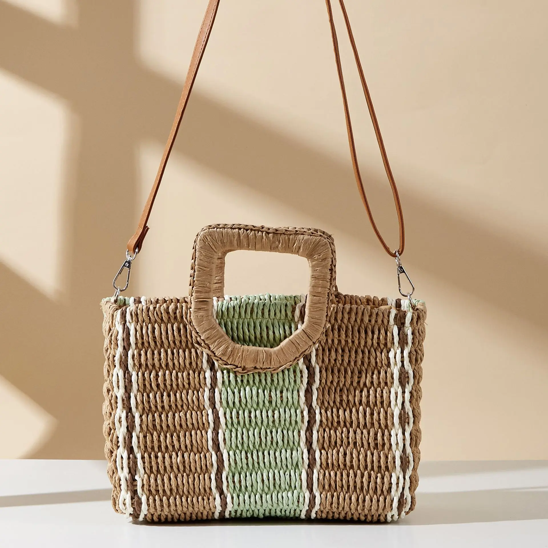 Color Striped Box Bag Summer Woven Beach Bags for Women Handbags Paper Rope Knitting Straw Bag Travel Shoulder Crossbody Bags