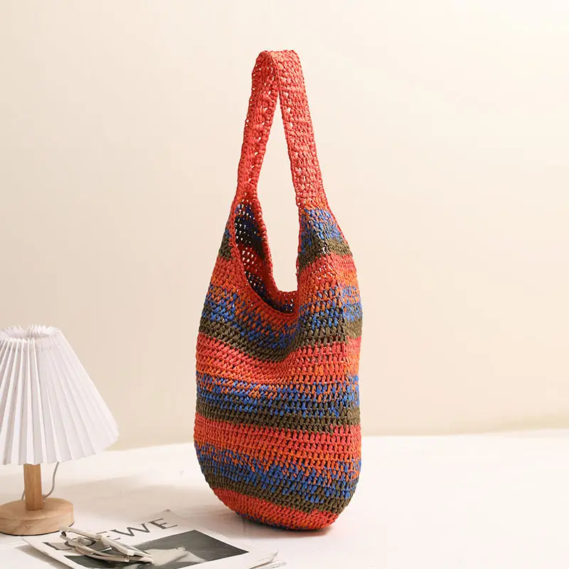 Summer Colorful Striped Hobo Tote Bag Soft Crochet Beach Shoulder Bag Travel Knitting Woven Straw Bags for Women Bucket Handbags